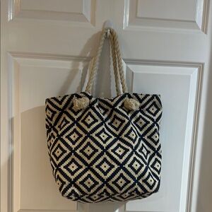 Summer & Rose Blue and Cream Tote Bag with Geometric Design Button Closure NEW